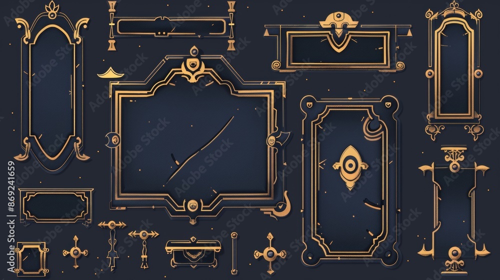 Poster the ui elements are designed in a medieval style with gold frames with buttons, banners, progress ba