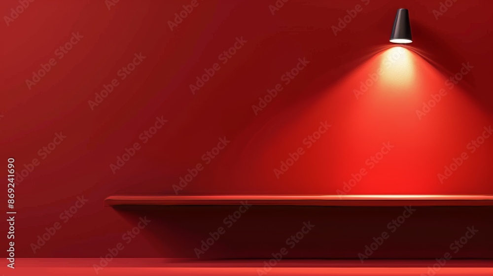 Poster a red wall background with a shelf and a long lamp light. a 3d podium with a spotlight for showcasin