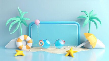 Refreshing summer discount promotion: 3D template with tropical resort island vibe, beach and pool elements and cute beach items
