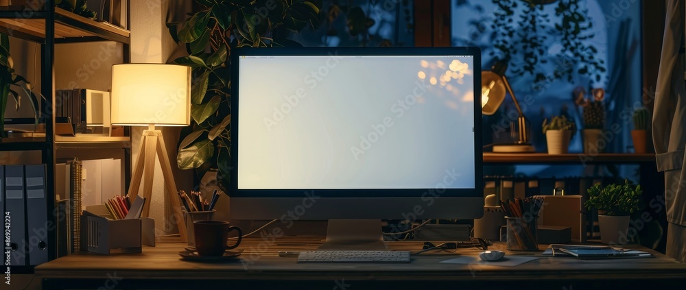 Poster an evening view of a modern contemporary home working room with a computer mockup on the table