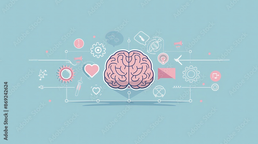 Poster flat style minimalist illustration of psychological concepts, using simple icons like a brain, a