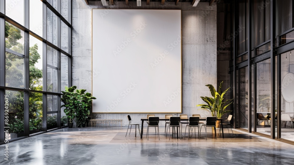 Poster the mockup screen of a meeting conference room in a modern setting is blank and empty