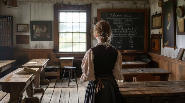 A guide dressed as a 19th-century schoolteacher in a restored one-room schoolhouse