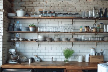 A Stylish Kitchen Featuring Open Shelving and a Subway Tile Backsplash