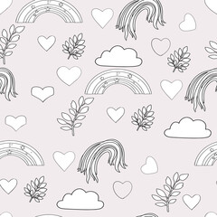 Minimalistic rainbow and heart pattern. Cute childish seamless pattern of rainbows, sloths, clouds, hearts on a light background. Ideal for fabric, textiles, packaging for children. Children pattern