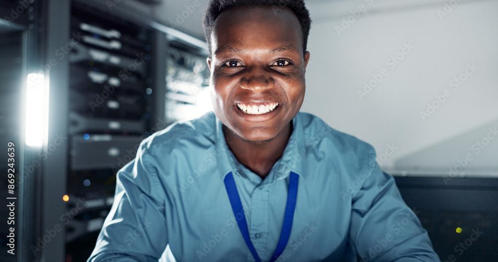 Fototapete Man, happy and portrait or working in server room, system update and firmware installation or program developer. Online, network and cybersecurity or IT engineer, datacenter and professional employee