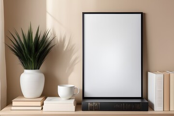Close up of mockup poster frame leaning against cream wall, home interior mockup, frame mockup
