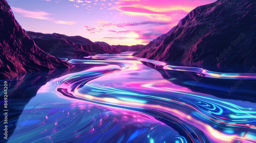 Poster minimalist abstract representation of the human mind, using flowing water and river pathways with