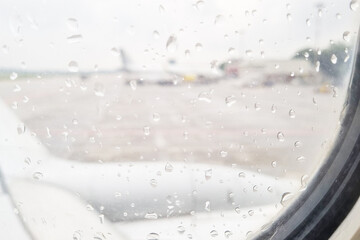 Air Travel Experience Seen Through Window Raindrops - Perfect for Travel Inspirations and Weather-Themed Projects