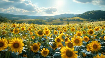 Obraz premium Sunflower field under blue sky with mountains in the background.