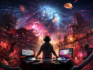 DJ performing on a rooftop as the building collapses around them, neon lights and debris flying, Dynamic, Bright Colors, Digital Art