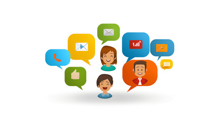 people and speech bubbles with icons for social media, text boxes, data charts,