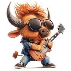 Cool Bull Rock Star with Guitar and Sunglasses in Stylish Denim Jacket