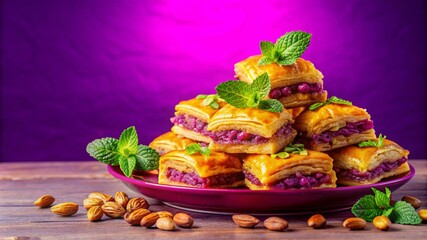 A plate of pastries with green mint leaves on top