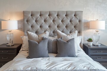 Elegant Transitional Bedroom Design with a Tufted Headboard and Matching Nightstands