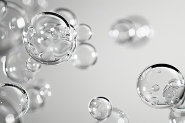 Transparent bubbles, floating, random, light gray background