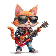 Fototapeta premium Cool Cat Playing Electric Guitar in Denim Jacket and Sunglasses