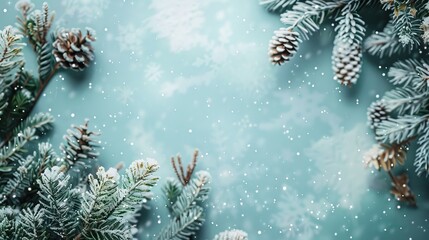 Frosty evergreen branches with a blue snowy background creating a serene and festive winter scene