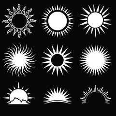 9 Sun logo, vector icons. Sunset and moon celestial line elements, mystic zodiac eye, magic bohemian rainbow. Outline abstract elegant logotype. Bohemian