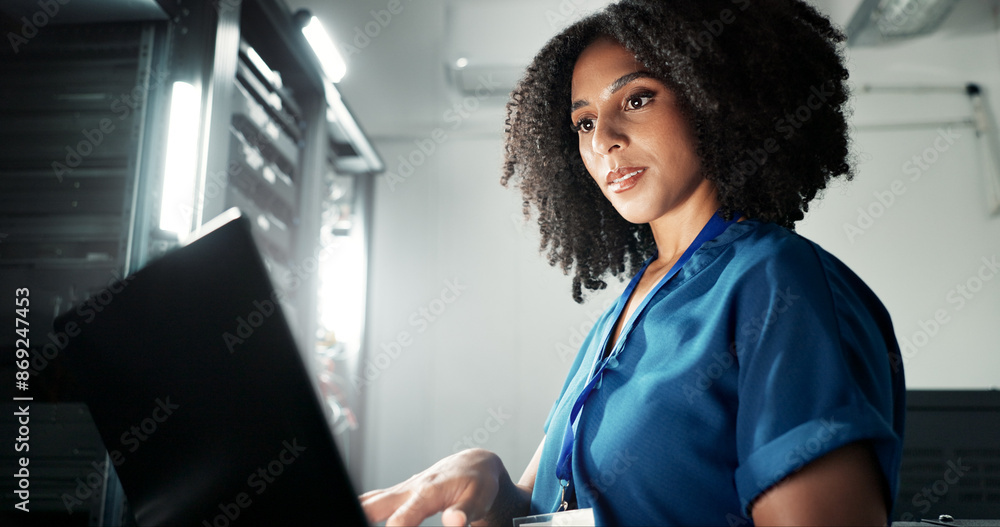 Aufkleber Computer, server room and woman programming software, update or system network maintenance. Technology, data center or technician on laptop for information, cyber security or code for cloud computing
