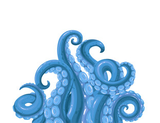 Octopus cartoon tentacles waving from border. Underwater fantasy monster decoration, arms and legs of marine kraken with suckers. Scary legends mascot, cartoon giant octopus vector illustration © Victoria Sergeeva