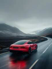 Naklejka premium A captivating video for a new car model, showcasing its features through a scenic road trip, with dynamic driving shots, interior close-ups, and a focus on performance and luxury