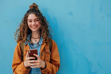 Fototapeta premium Photo of cheerful generation z american girl holding smartphone in hands smiling isolated on blue color background 