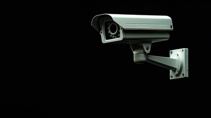 Security camera against a black background, symbolizing surveillance, safety, and monitoring in a technological and modern setting.