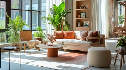 A modern living room with large windows, indoor plants, and minimalist furniture. The room features a beige sofa with orange and beige cushions, a round wooden coffee table, and a light-colored rug. 