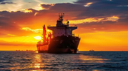 Obraz premium Large cargo ship silhouetted against a fiery sunset over the ocean.