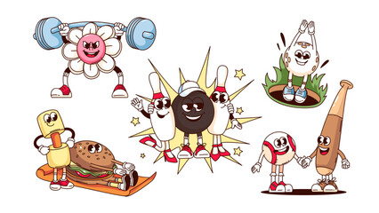 Groovy sport equipment cartoon characters set. Funny retro balls of golf, bowling and baseball with bat, sport training mascot, cartoon stickers collection of 70s 80s style vector illustration