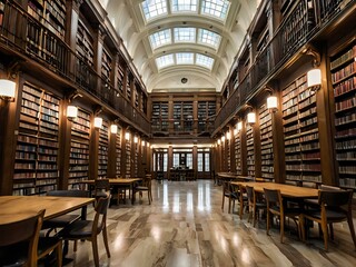 Fototapeta premium A large and luxurious library with tables and chairs with a large fireplace in the center