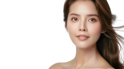 A beautiful young woman with long brown hair looks directly at the camera with a gentle smile.  Her skin is flawless and glowing.