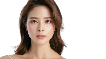 Fototapeta premium A beautiful young woman with long brown hair looks directly at the camera with a soft, neutral expression.