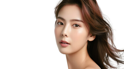 Fototapeta premium A beautiful young woman with long brown hair looks directly at the camera with a soft smile. Her skin is flawless and her eyes are bright. She appears to be wearing light makeup.