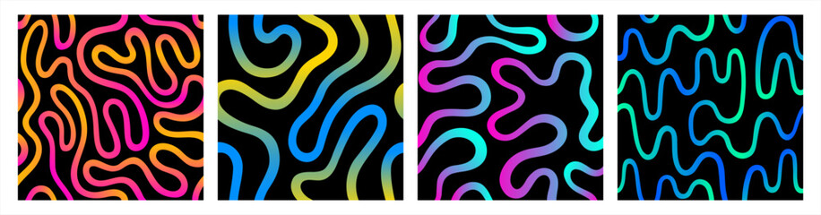 Obraz premium Groovy funky twisted lines, curved wiggling stripes square vector backgrounds set. Liquid chaotic ornaments, colorful gradient waves patterns collection. Doodle, uneven hand drawn wavy winding lines