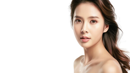 Fototapeta premium A close-up portrait of a beautiful young woman with long flowing hair. Her skin is flawless and her eyes sparkle with life.