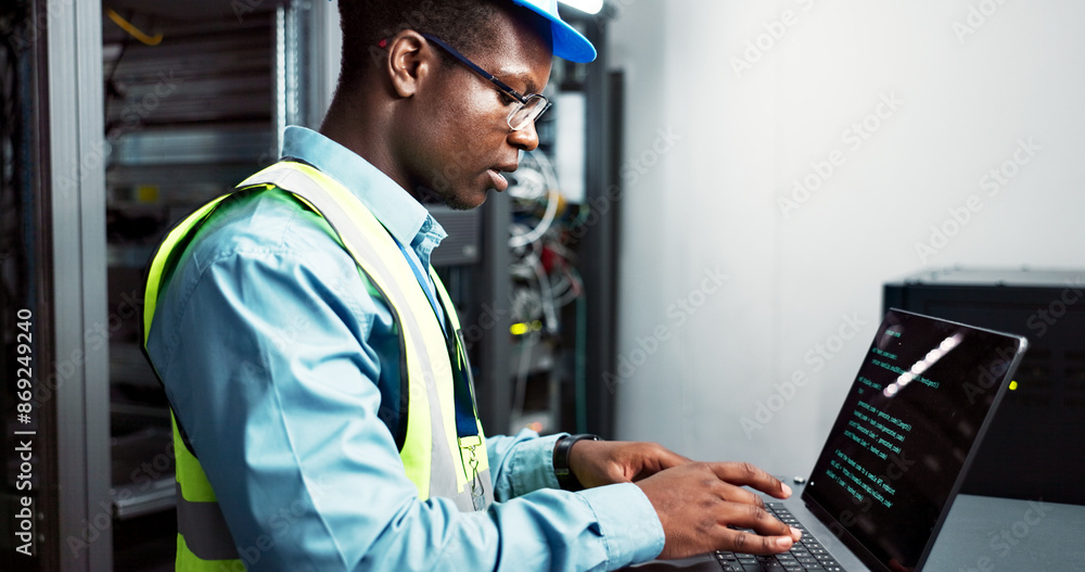 Poster Man, maintenance and server room or coding with laptop, electrician and firmware update installation or system programming. Network, database and IT technician typing, bigdata and software technology