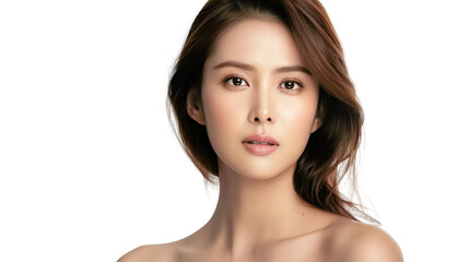 Fototapeta premium A woman with long brown hair and flawless skin stares intensely at the camera. Her eyes are a deep brown and her lips are slightly parted.
