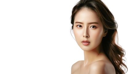 A woman with long brown hair looks at the camera with a soft, subtle smile. Her skin is glowing and she has a natural beauty.