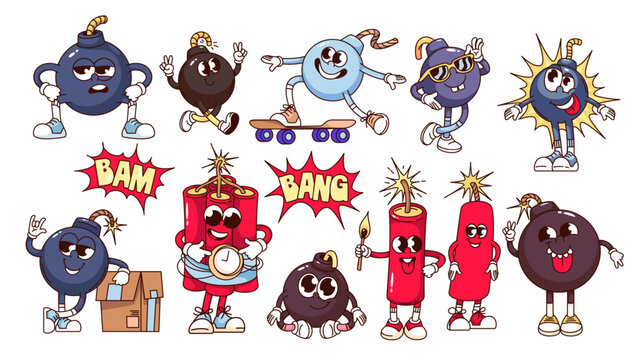 Naklejki Groovy bomb and TNT sticks cartoon characters, typography stickers set. Funny retro personages walking and pointing on time, cartoon bomb explosion mascots of 70s 80s style vector illustration