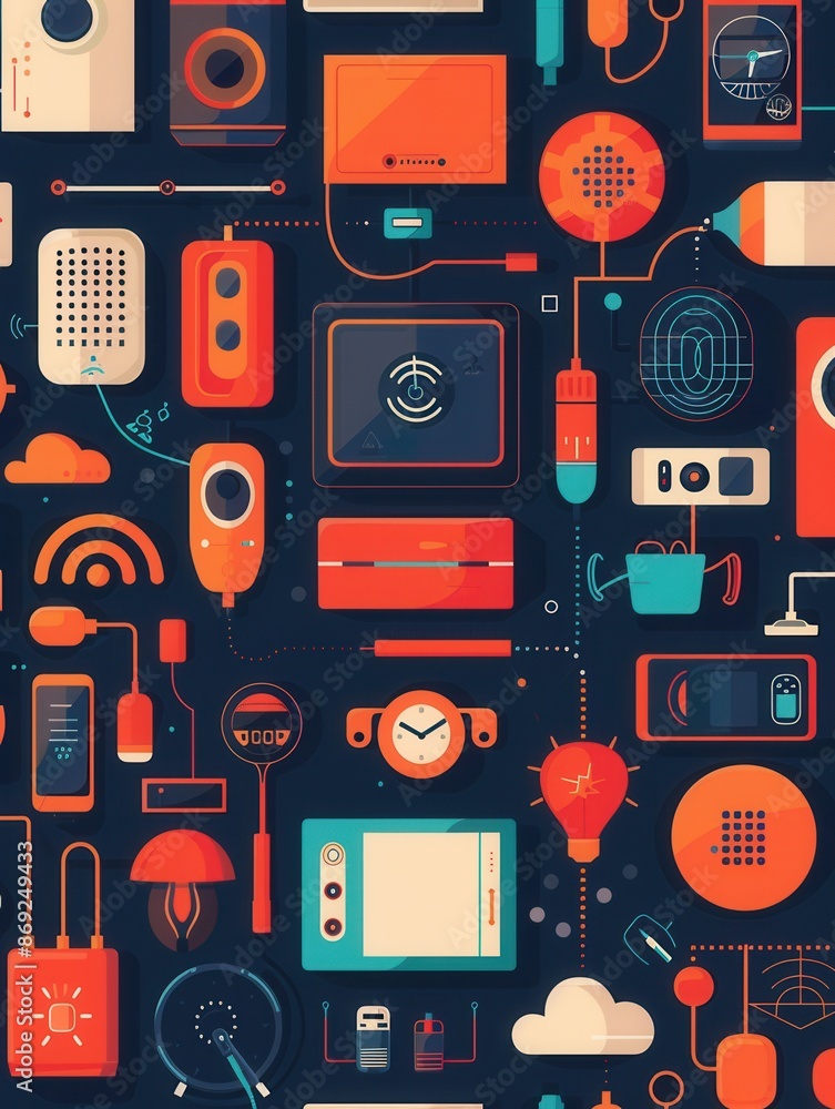 Poster illustration depicting a connected network of smart home devices, showcasing the seamless integratio