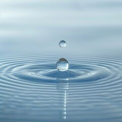 Water drop on water surface with ripples and a blue background.