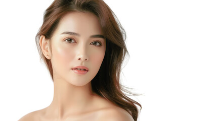 Obraz premium A beautiful woman with long brown hair and flawless skin looks directly at the camera.