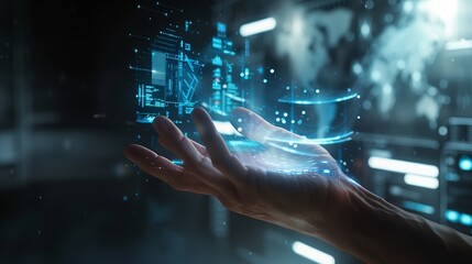A close up capturing an outstretched hand holding a volumetric hologram. The hologram displays a
