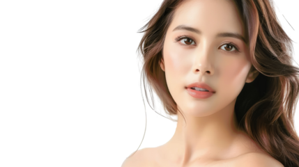 A beautiful young woman with long brown hair and flawless skin looks directly at the camera.