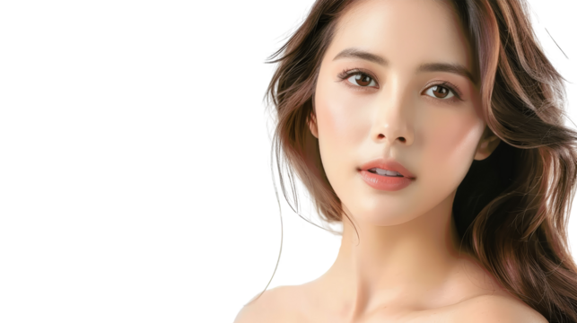 A beautiful young woman with long brown hair and flawless skin looks directly at the camera.