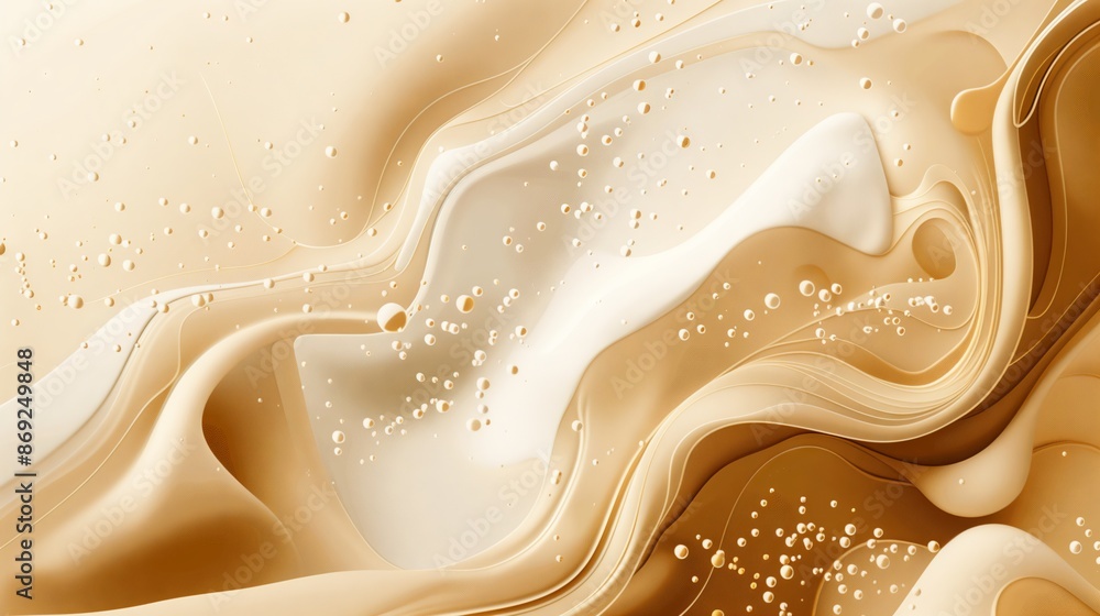 Poster an abstract vector image with fluid shapes, bubbles, and swirls of milk and coffee, creating a dynam