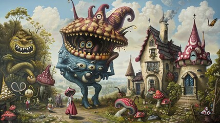 Naklejka premium Pop culture icons depicted in bizarre and whimsical scenarios, Pop Surrealism, Familiar figures in surreal contexts