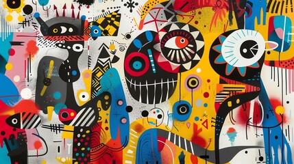Obraz premium Cartoonish characters interacting with abstract shapes and patterns, Pop Surrealism, Playful and imaginative compositions